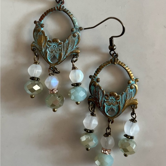 Art Nouveau Style Verdigris Earrings Czech Glass Drops - Picture 14 of 15